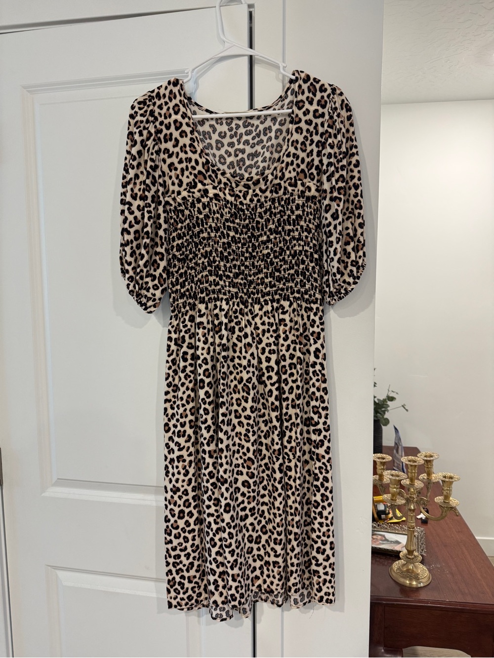 Leopard Print Smocked Midi Dress - Beige/Black
